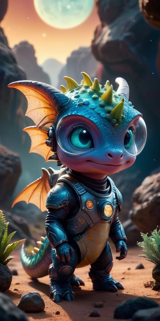 Space Adventure A baby dragon wearing a tiny spacesuit explores the surface of a mysterious planet. Behind it, a spaceship hovers, ready to take off. The dragon's curiosity is evident as it examines strange, glowing rocks and alien plants.