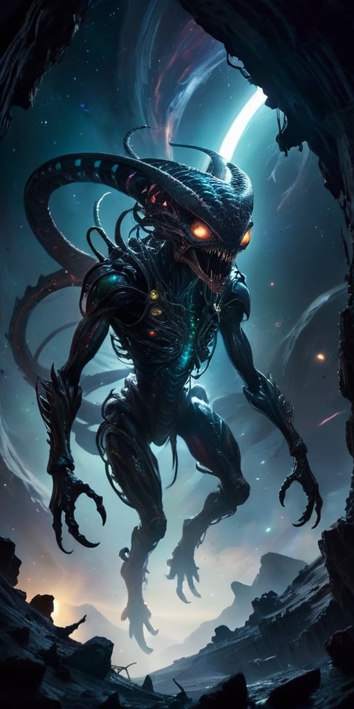 A nightmarish,  hybrid creature emerges from the shadows of a derelict spaceship,  floating in the void of space. Its body...