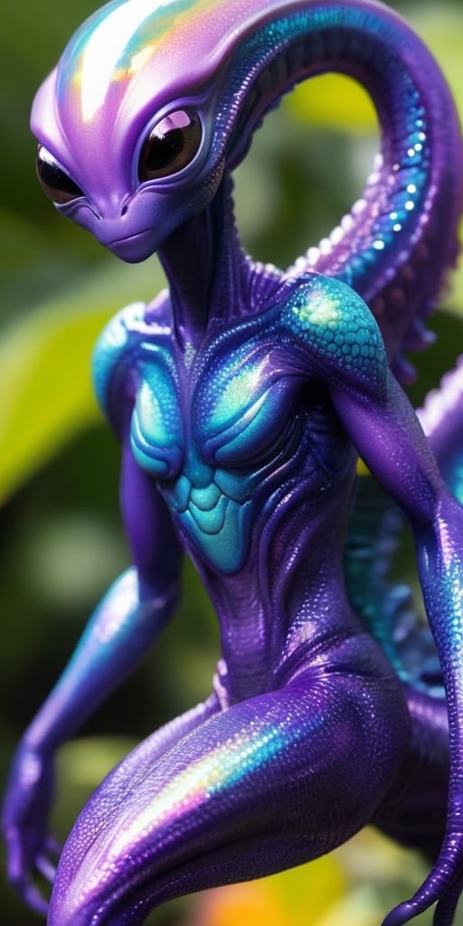 An alien infant with iridescent scales that shimmer in the sunlight. It has a long,  slender tail that it uses for balance...
