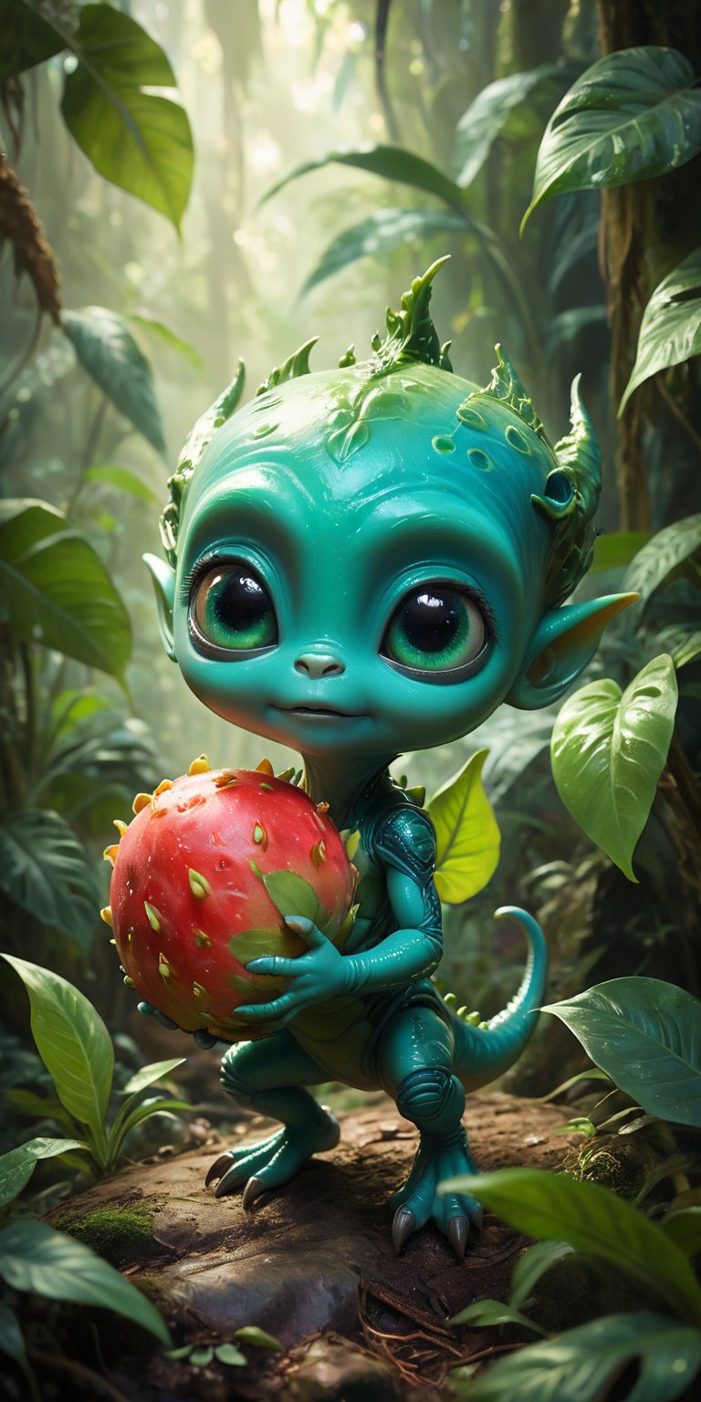 Amid the vibrant foliage of an alien jungle,  a baby alien with bright,  emerald-green skin and a small by Caption Master...