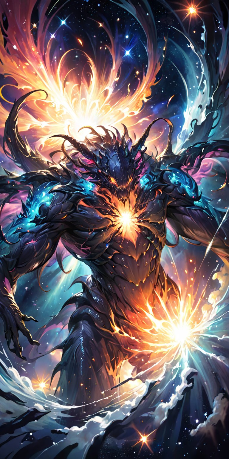 Cosmic Abomination:A nightmarish alien abomination with multiple heads and writhing tendrils,  floating in the depths of s...