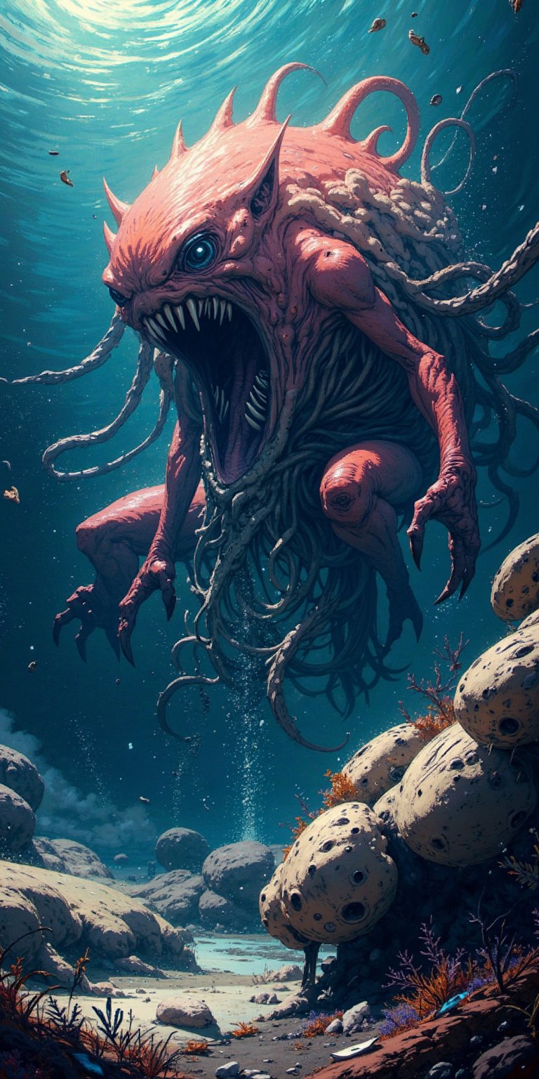 A hideous fusion of alien and monstrous aquatic forms,  swimming through space as its long tentacles and razor-sharp teeth...
