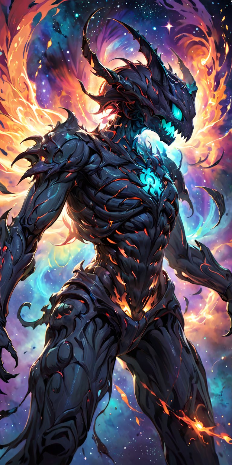 Nebula Fiend:A terrifying alien fiend with a skeletal frame and glowing,  fiery eyes,  emerging from the colorful gases of...