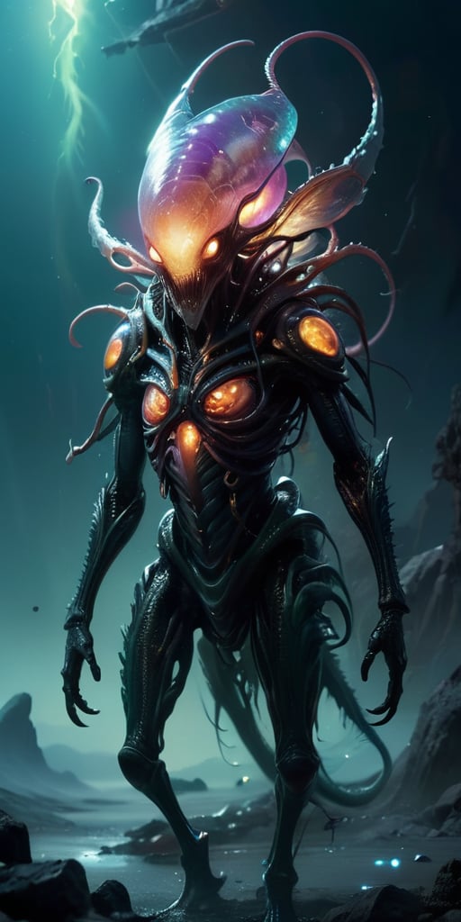 Standing in a desolate,  windswept wasteland,  an alien-monster hybrid with a translucent by Caption Master on Tensor.Art