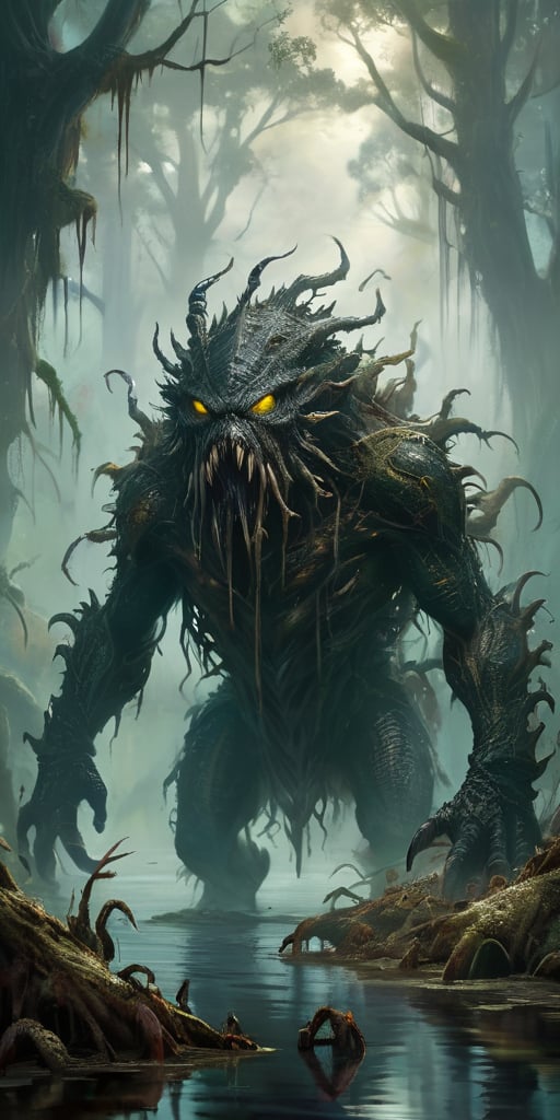 Vicious Swamp Beast A monstrous creature emerging from the murky depths of a swamp. Its body is covered in dark,  slimy sc...