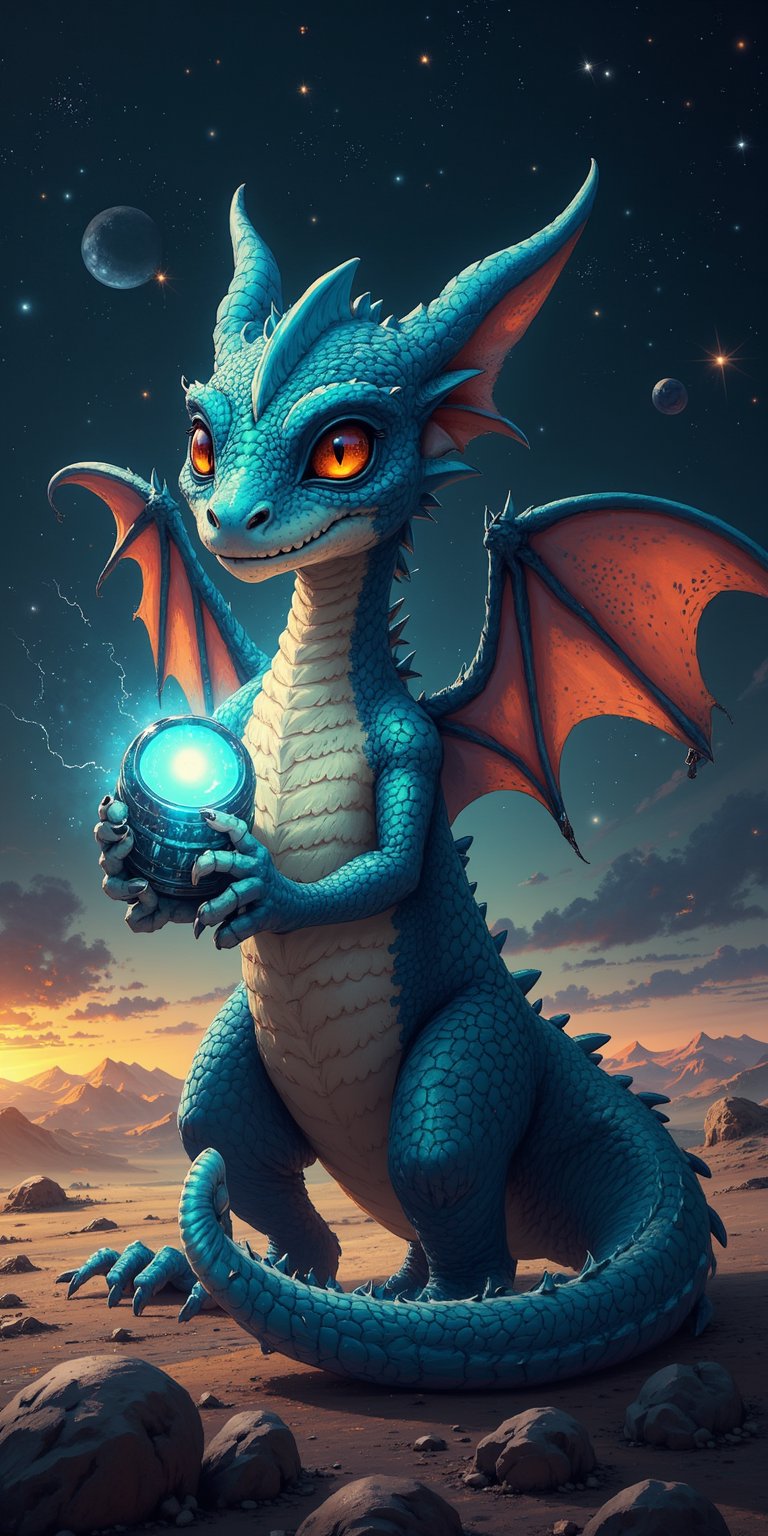 Galactic Guardian A baby dragon stands vigilant on a small planetoid,  guarding an ancient,  alien artifact that pulses wi...