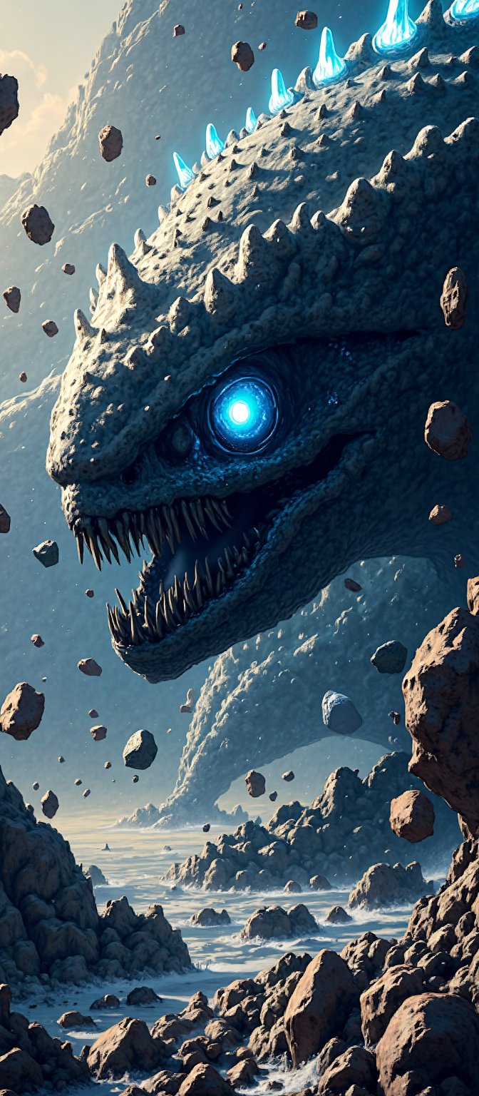 A colossal alien monster is seen drifting through a dense asteroid field,  its gargantuan body blending with the rocky sur...