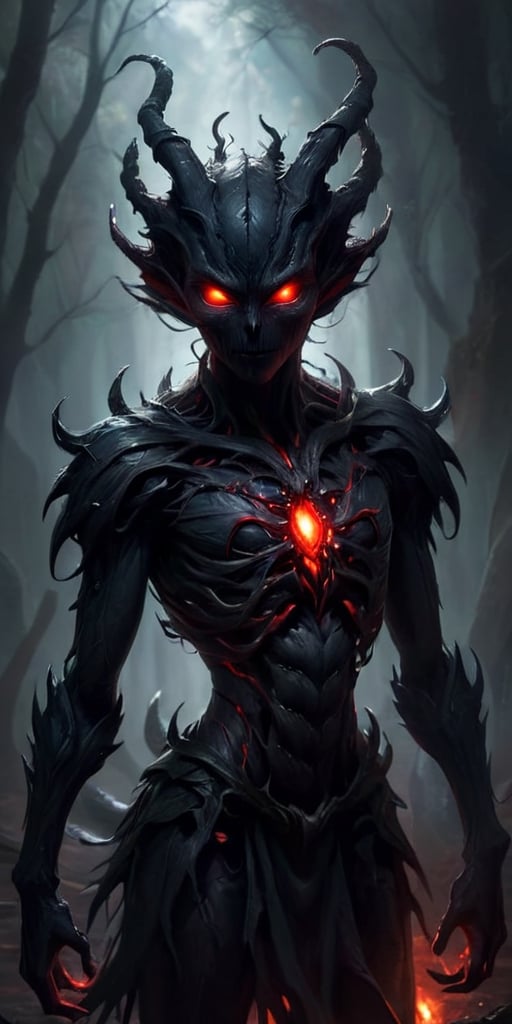 A creature that appears to be made entirely of shadow. It is humanoid in shape,  with long,  clawed fingers and glowing re...