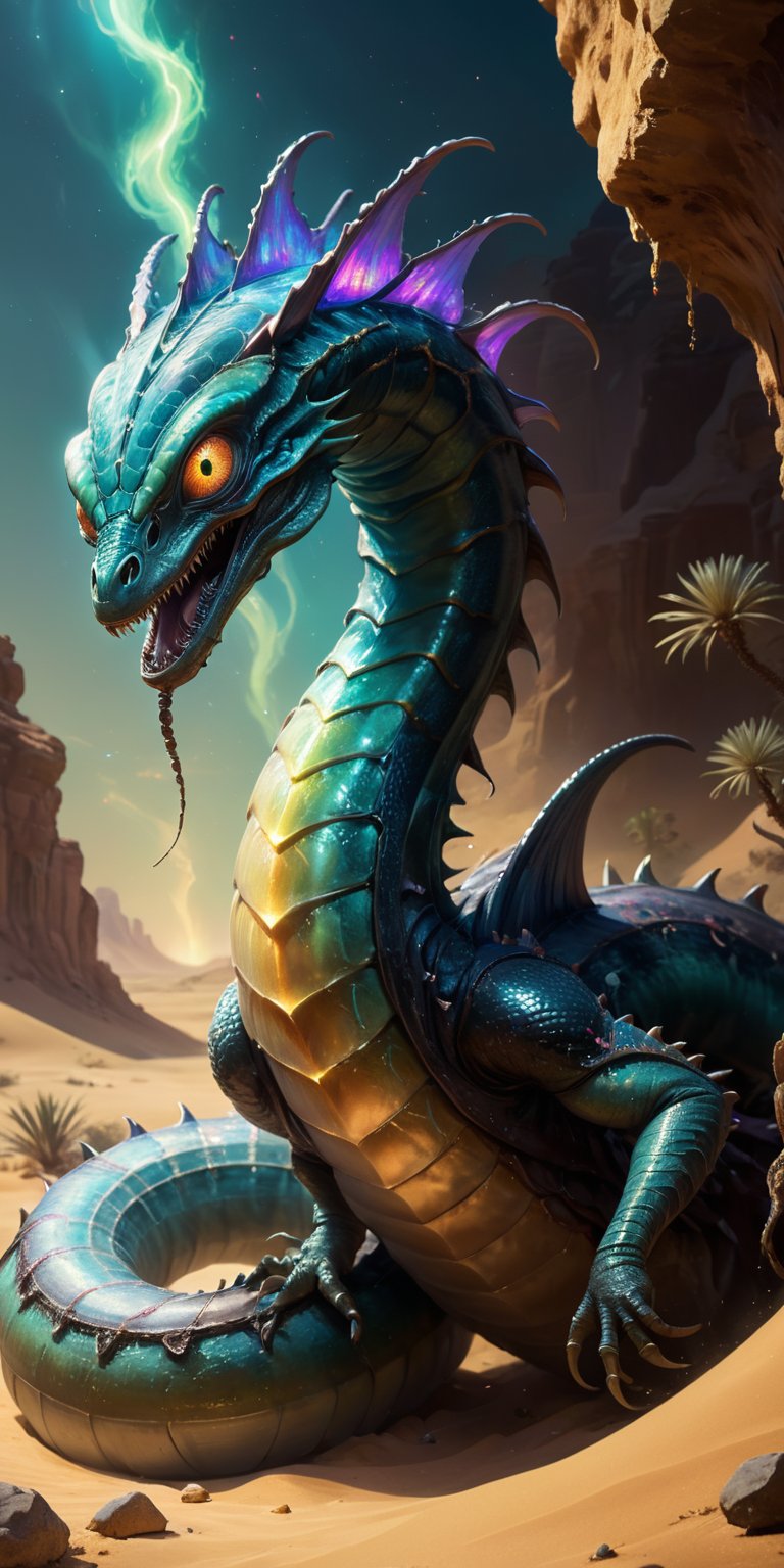 A hidden oasis shimmers in the desert heat. A serpentine alien with iridescent scales slithers towards a monstrous sandwor...