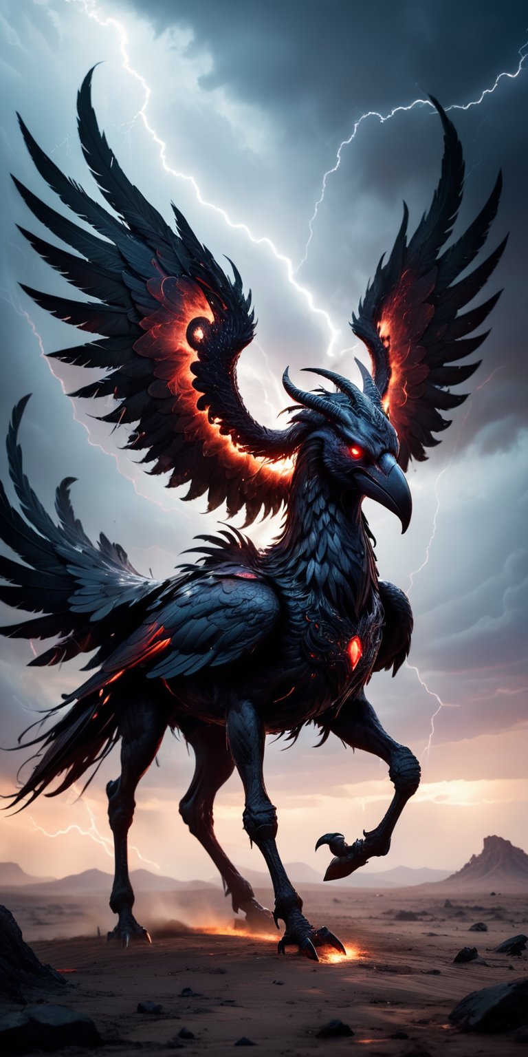 Void Walker A nightmarish creature with the body of a centaur and the head of a raven,  with glowing red eyes and a beak t...