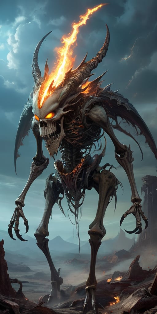 Roaming the barren,  ash-covered wasteland of a post-apocalyptic world,  a towering alien abomination with skeletal wings...