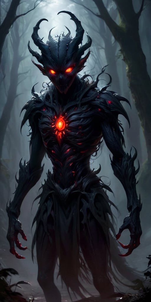 A creature that appears to be made entirely of shadow. It is humanoid in shape,  with long,  clawed fingers and glowing re...