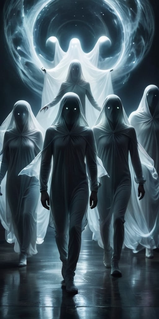 A group of ethereal,  ghost-like entities,  drifting aimlessly through space by Caption Master on Tensor.Art