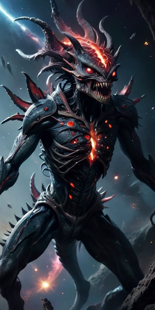 Drifting through the wreckage of a space battle,  a horrifying creature appears,  a blend of alien and nightmare. Its body...