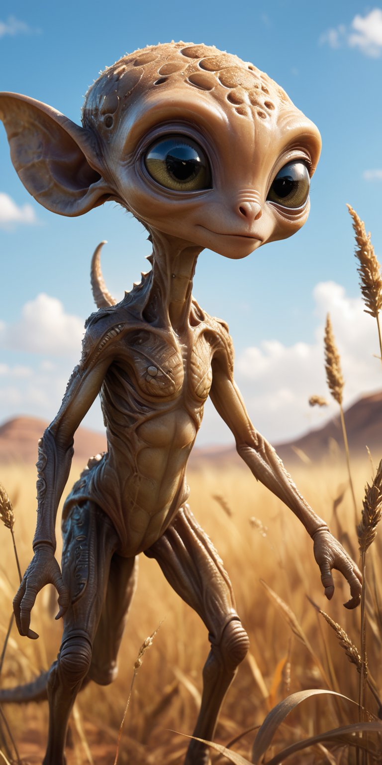 Amid the tall,  swaying grasses of an alien savanna,  a baby alien with mottled by Caption Master on Tensor.Art