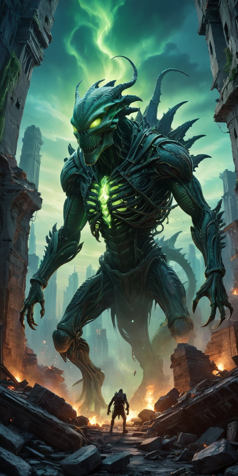 A towering alien with skeletal arms descends upon a ruined city,  its path illuminated by an unnatural green glow. A monst...