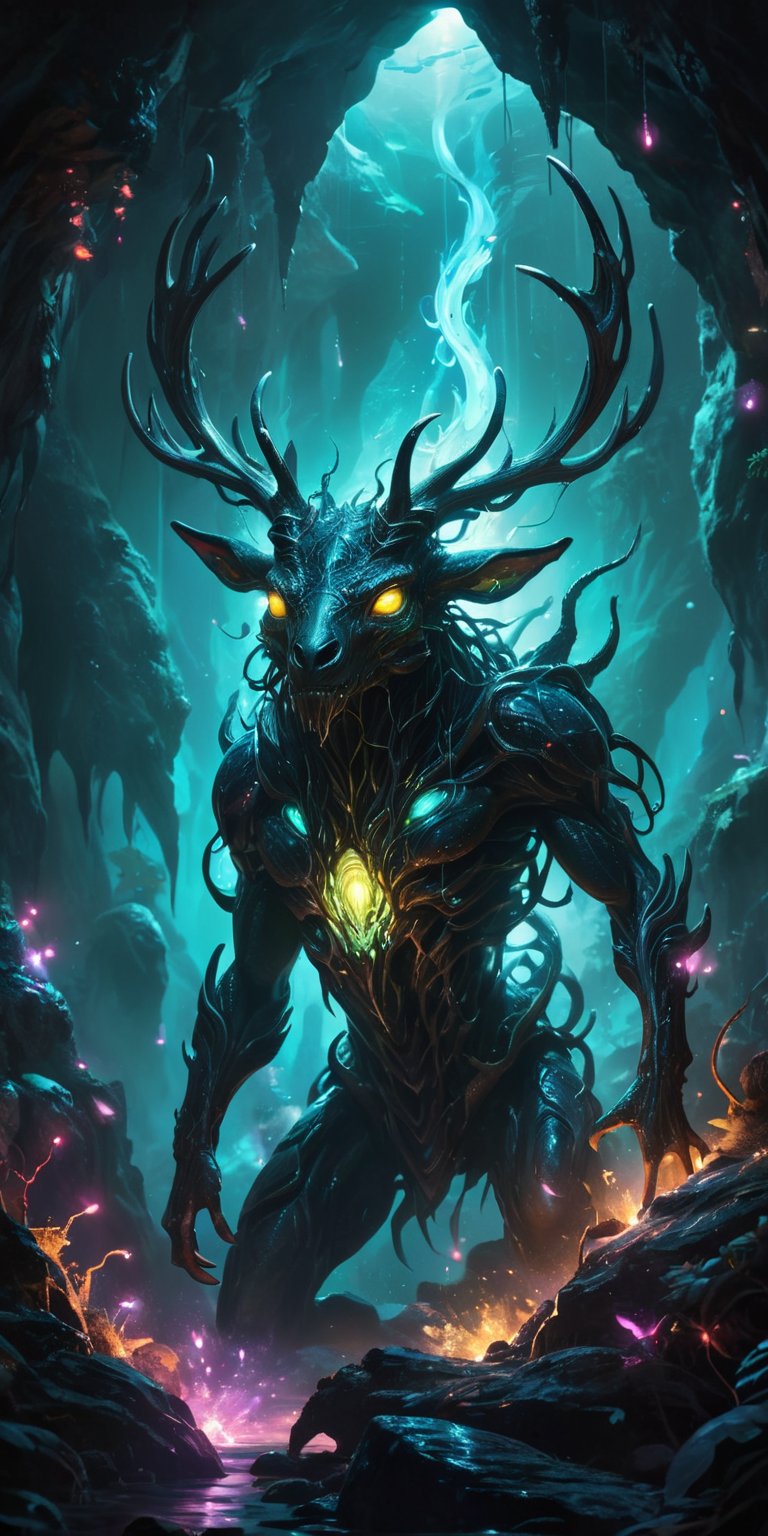 Deep within a bioluminescent cavern,  a serpentine alien with glowing eyes battles a grotesque stag with pulsating alien g...