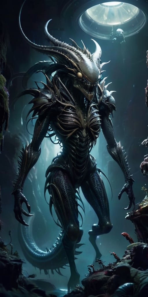In the vast emptiness of space,  a dreadful hybrid of alien and monster drifts ominously. Its body is grotesquely elongate...