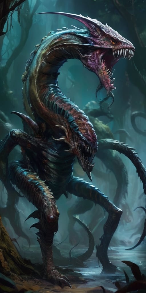 The Vilespawn Aberration A creature with a body that is twisted and deformed,  its limbs are elongated and spindly,  and i...