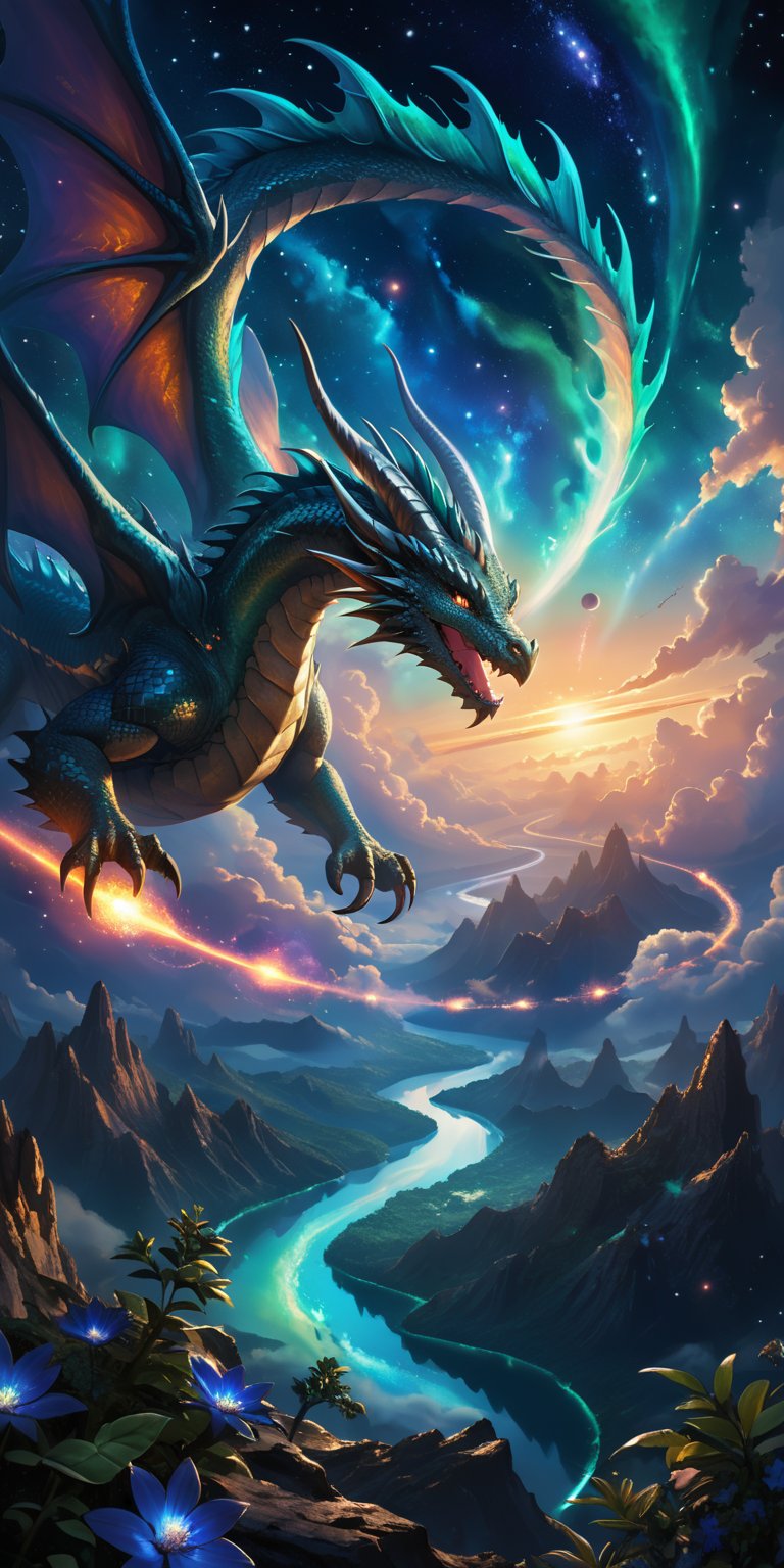 Galactic Dragon Over an Alien Planet: A dragon with emerald and sapphire scales glides above a vibrant alien world with sw...