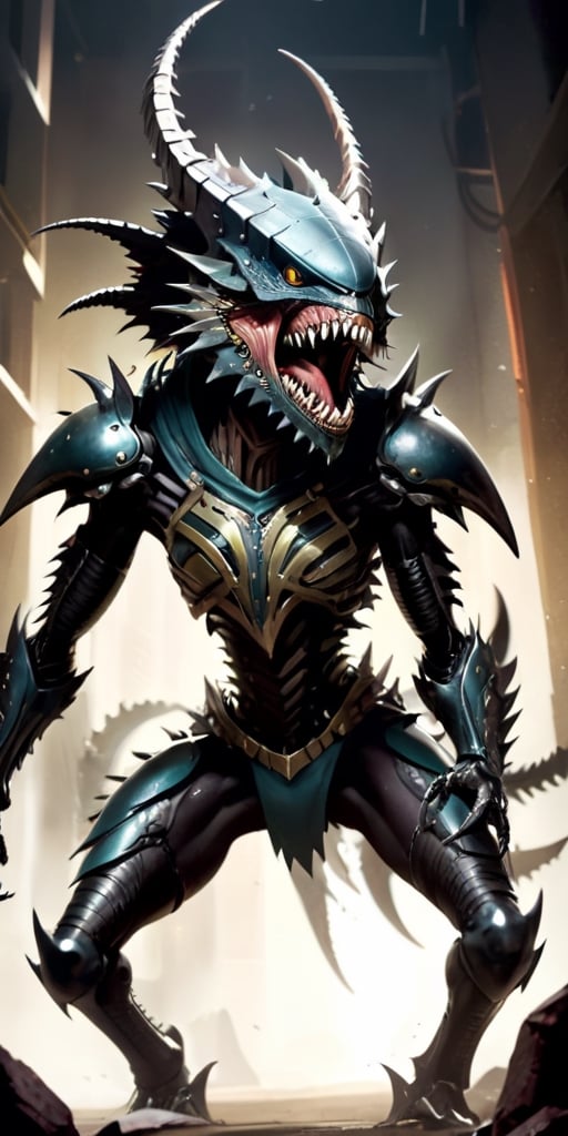 A creature with a body covered in sharp,  metallic plates that clank and clang as it moves. It has a large,  gaping maw fi...