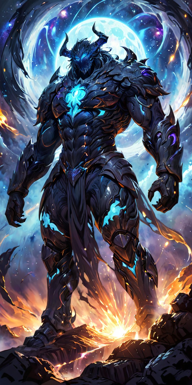 Void Titan:A gigantic alien titan with armored skin and glowing blue veins,  standing against a backdrop of swirling cosmi...