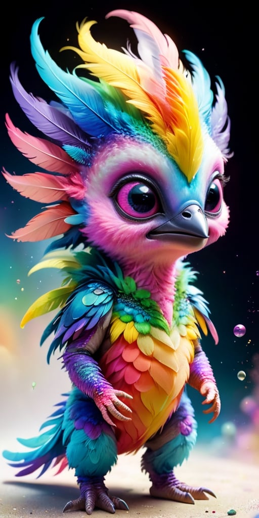 An alien infant with a body that is covered in soft,  downy feathers that shimmer with a rainbow of colors. It has a small...