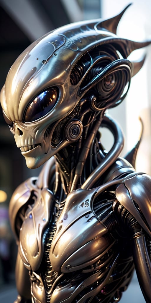 A humanoid alien with metallic skin that constantly shifts and changes colors,  camouflaging it in its surroundings. Its l...