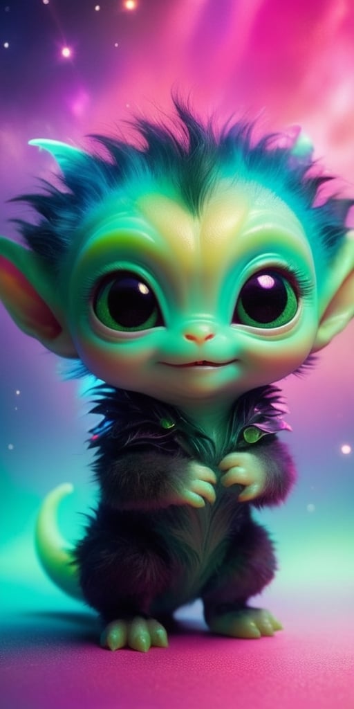 A baby alien with fur that changes color depending on its mood,  ranging from a soft pink when it's content to a vibrant g...