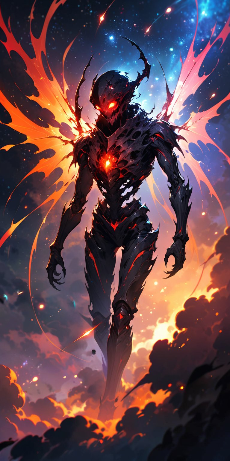 Void Reaper:A terrifying alien reaper with skeletal wings and glowing red eyes,  drifting silently through the cosmos. The...