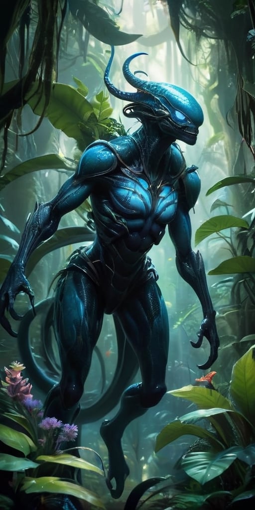 A colossal,  eyeless monstrosity with razor-sharp claws and bioluminescent scales hunts through the dense foliage of a bio...