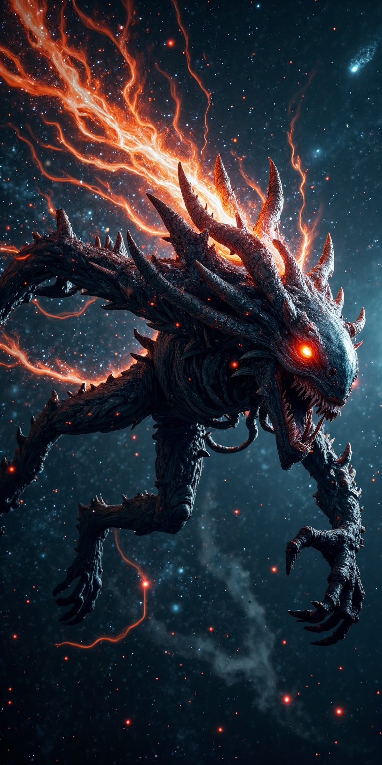 A terrifying alien beast with comet-like trails of energy emanating from its body,  racing through the starry expanse. The...