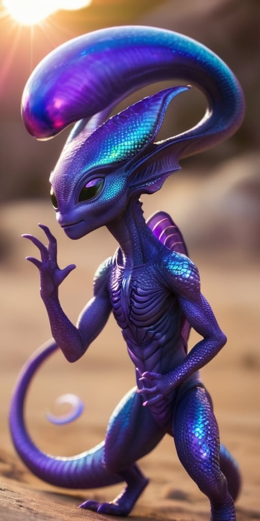 An alien infant with iridescent scales that shimmer in the sunlight. It has a long,  slender tail that it uses for balance...
