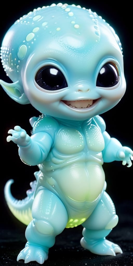 An alien infant with skin that is covered in tiny,  bioluminescent spots that glow softly in the dark. It has a round,  ch...