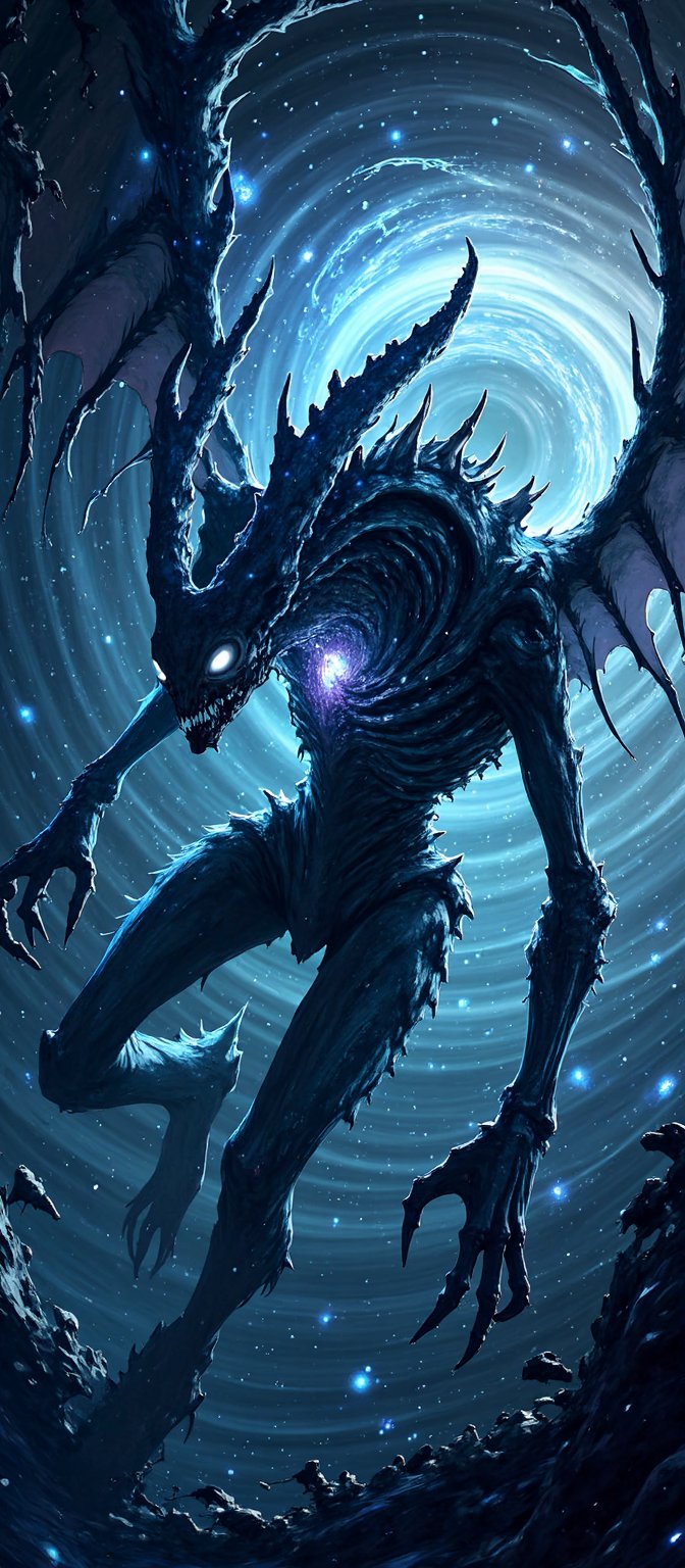 A terrifying alien creature hovers near the event horizon of a black hole,  with tendrils of cosmic energy swirling around...