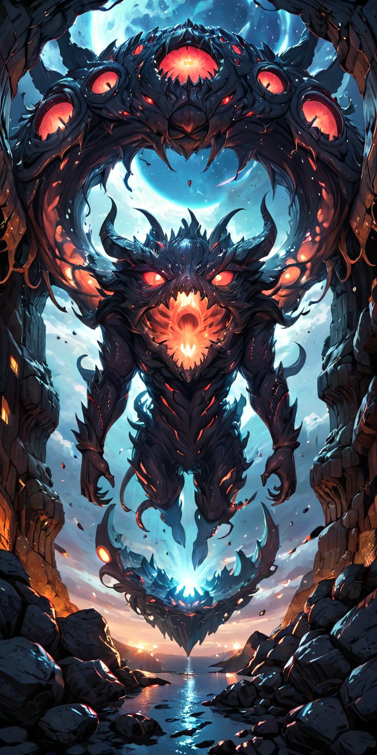A colossal,  serpentine alien creature with glowing red eyes and a hide covered in barnacle-like growths emerges from a po...
