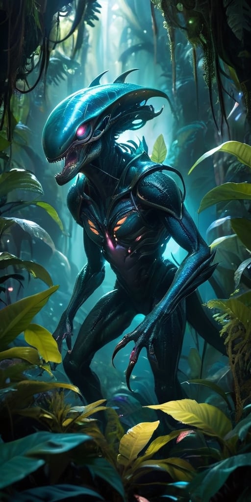 A colossal,  eyeless monstrosity with razor-sharp claws and bioluminescent scales hunts through the dense foliage of a bio...