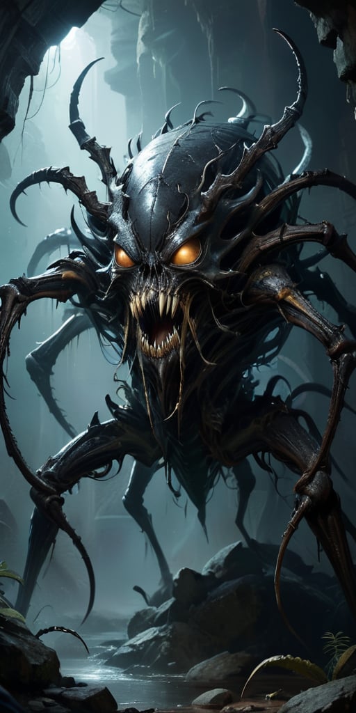 Lurking in the shadows of a crumbling,  ancient temple,  a horrifying alien creature with a spider-like body and a human-l...