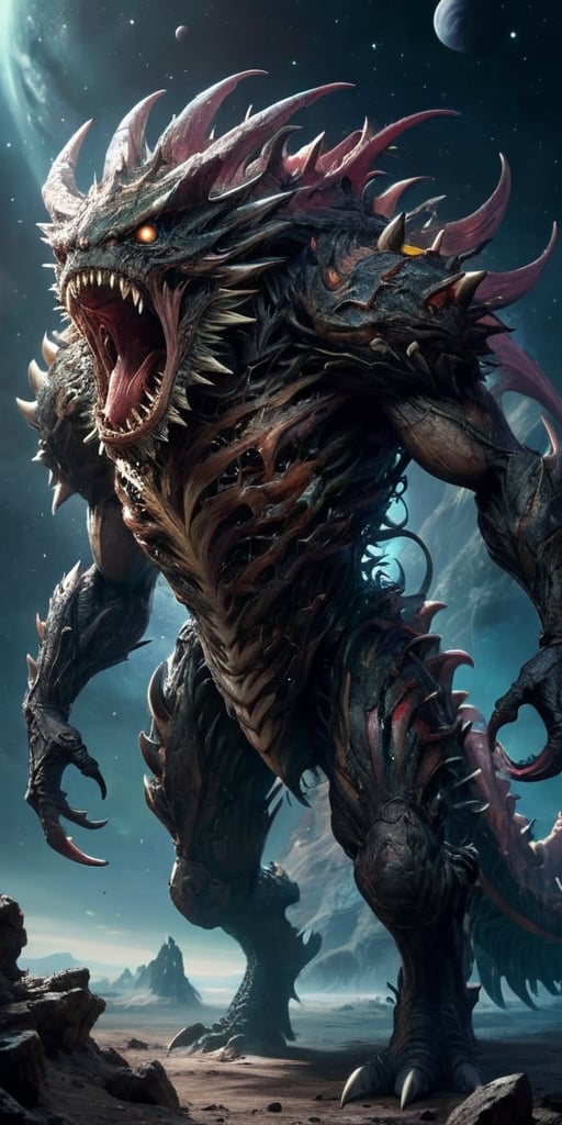 A massive,  multi-eyed behemoth with razor-sharp spines covering its body,  floating menacingly in the vastness of space b...