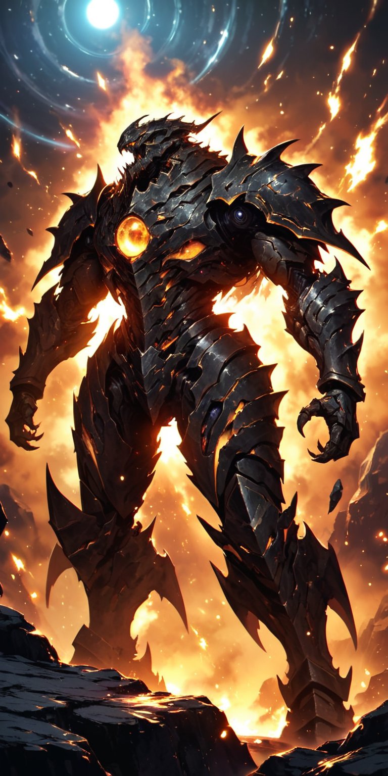 Alien Warlord:A fearsome alien warlord with armored plating and sharp,  clawed hands,  standing on a rocky outcrop in spac...