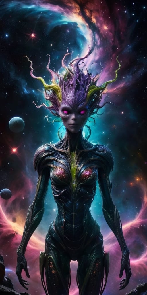 Amidst the cosmic backdrop of a distant star cluster,  a horrifying creature takes shape,  blending alien and monstrous fe...