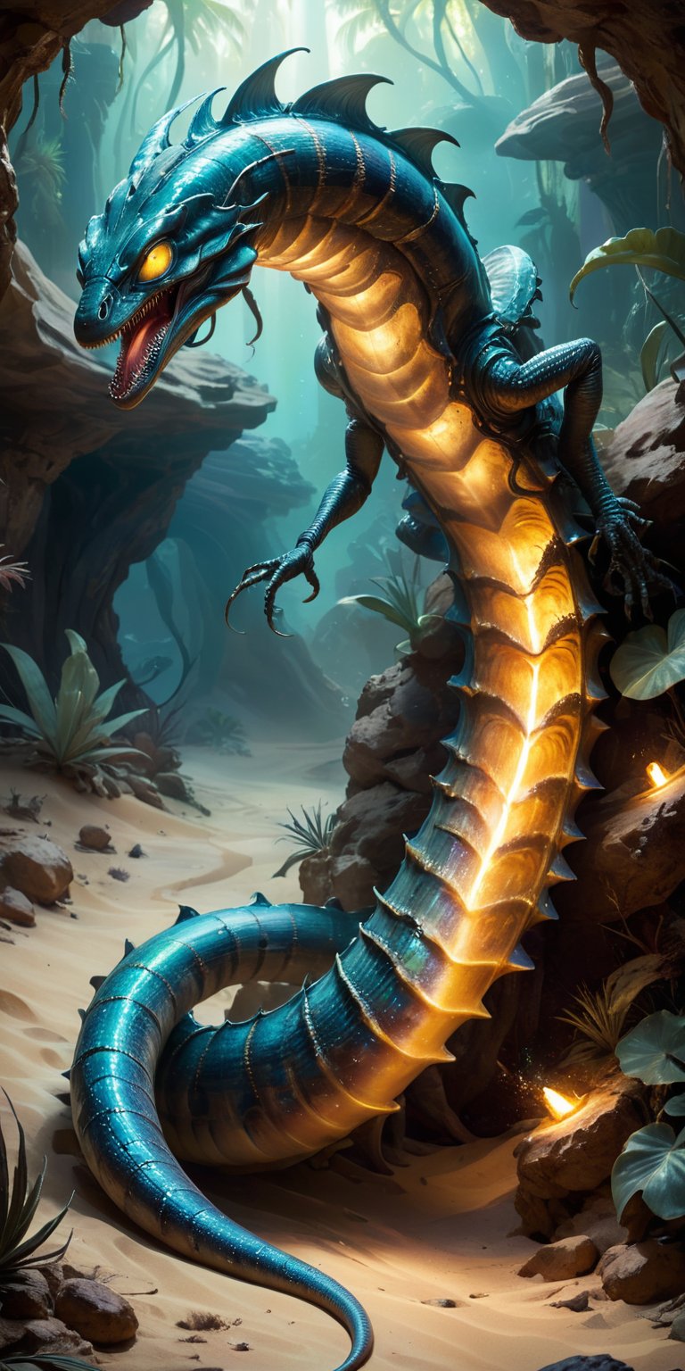 A hidden oasis shimmers in the desert heat. A serpentine alien with iridescent scales slithers towards a monstrous sandwor...