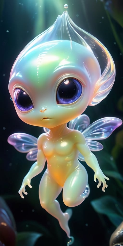 A baby alien with a transparent,  jelly-like body that pulses with a soft,  inner light. It has tiny by Caption Master on...
