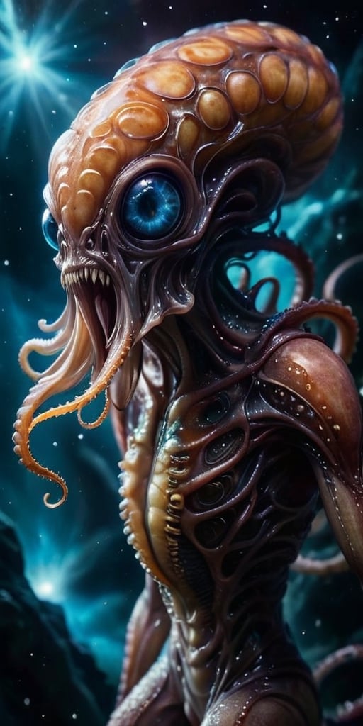 A terrifying,  alien-monster hybrid floats menacingly in the cold void of space,  its body a horrifying blend of cephalopo...