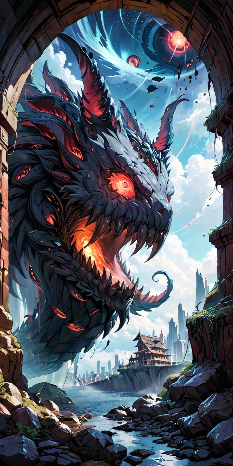 A colossal,  serpentine alien creature with glowing red eyes and a hide covered in barnacle-like growths emerges from a po...