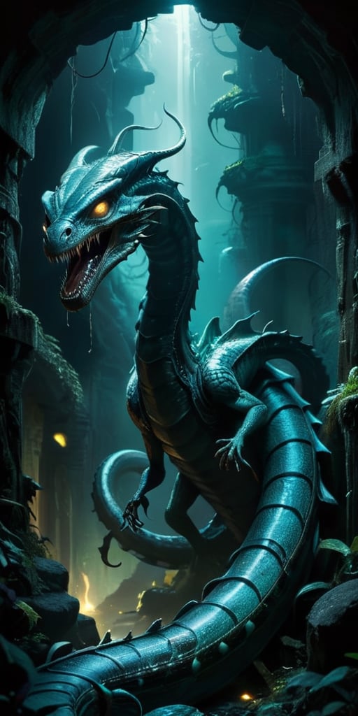 Slithering through the twisting,  narrow tunnels of an underground labyrinth,  a monstrous alien serpent with a chitinous...