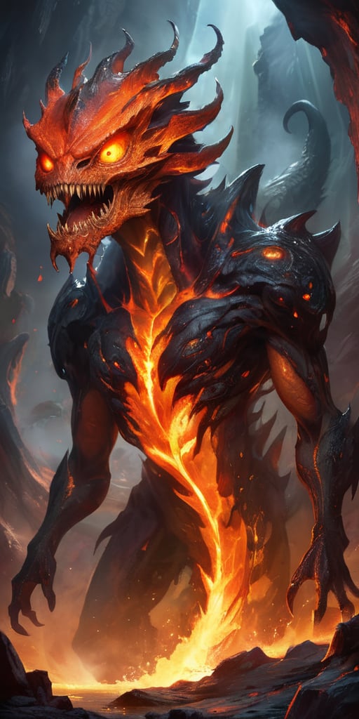 Crawling out of a churning,  magma-filled crater,  a fearsome alien creature with molten by Caption Master on Tensor.Art
