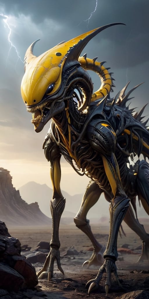 On a desolate,  windswept alien landscape,  a monstrous alien hybrid stalks its prey. Its body is covered in thick by Capt...