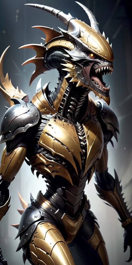 A creature with a body covered in sharp,  metallic plates that clank and clang as it moves. It has a large,  gaping maw fi...