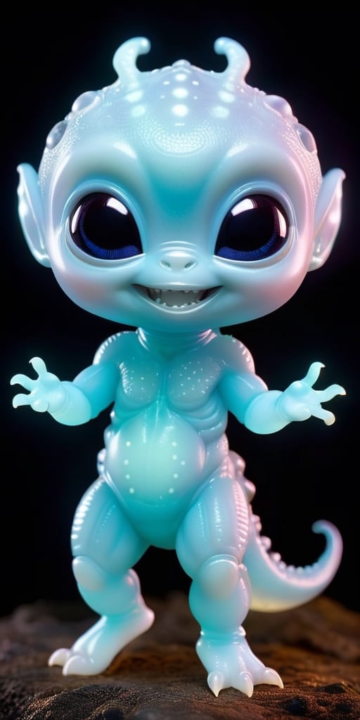 An alien infant with skin that is covered in tiny,  bioluminescent spots that glow softly in the dark. It has a round,  ch...